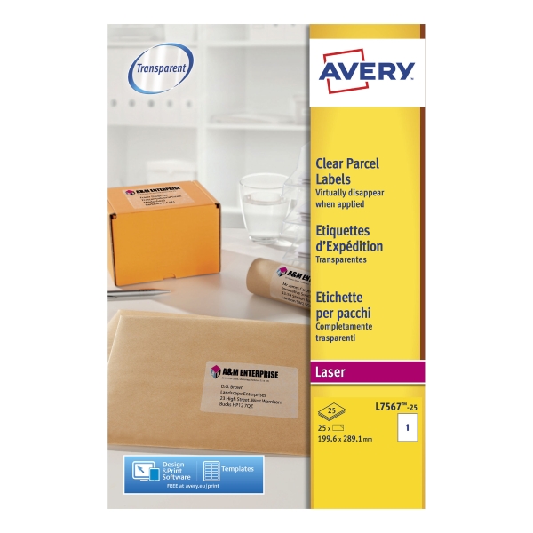 Avery L7567 étiquettes transparentes 210x297mm - boîte de 25