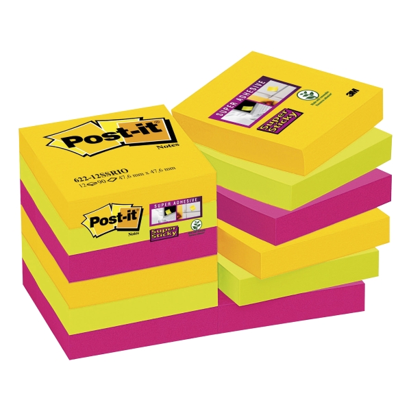 3M Post-it® 621 Super Sticky öntap.j.tömb 47,6x47,6mm, színes, 12 tömb/90 lap