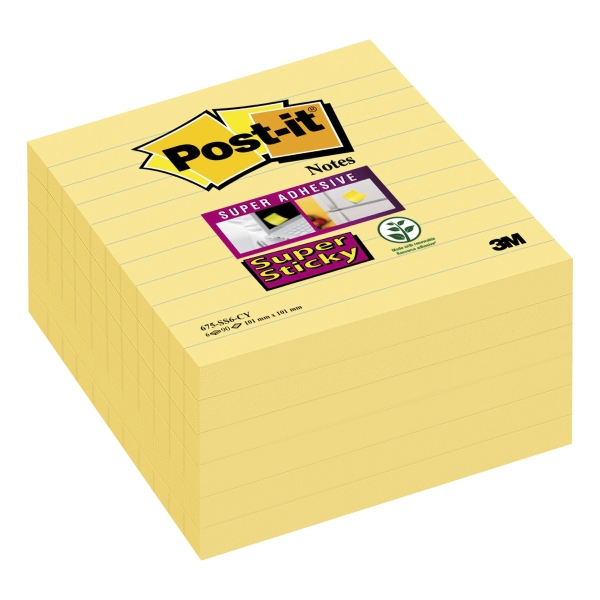 Notes lignées Post-it Super Sticky - 101 x 101 mm - jaunes - 6 x 90 feuilles