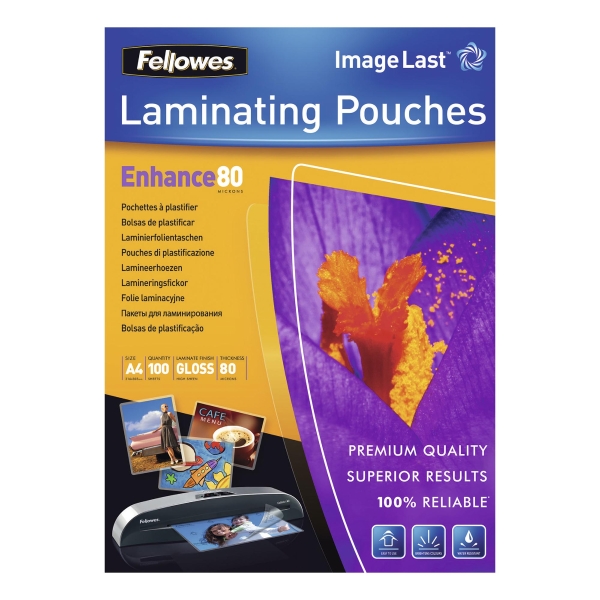 FELLOWES LAMINATING POUCHES A4 GLOSS 160 MICRONS (2 X 80) - PACK OF 100