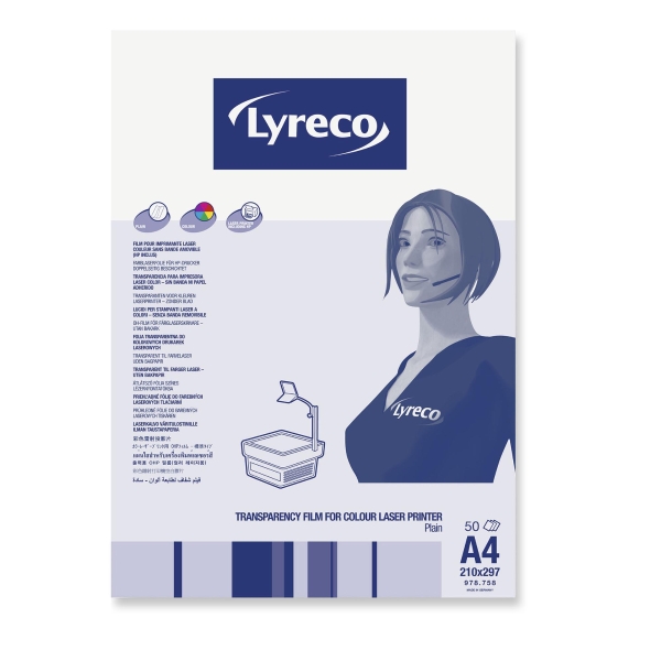 LYRECO A4 PLAIN COLOUR LASER PRINTER TRANSPARENCY FILM - BOX OF 50 SHEETS