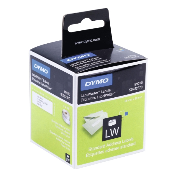 Rol van 130 Dymo 99010 adresetiketten voor labelprinter 89x28mm - doos van 2