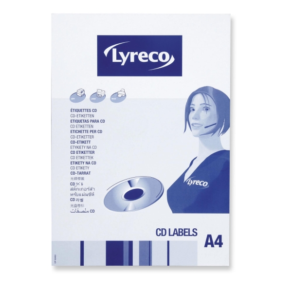 Etykiety na płyty CD/DVD LYRECO średnica 115 mm, białe, papierowe, 50 etykiet