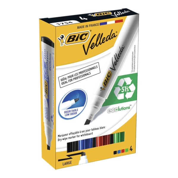 BIC Velleda 1751 ECOlutions Whiteboard Pens Med Chisel Tip Ast Colours, PK 4