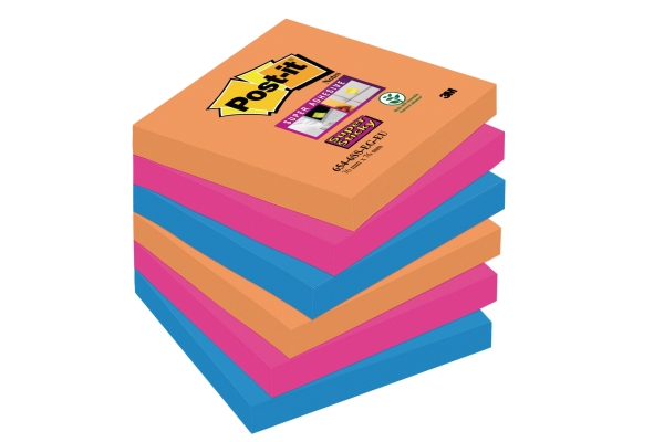 Post-it 654-6SS-EG Super Sticky Notes 76x76 mm electric glow kleuren - pak van 6