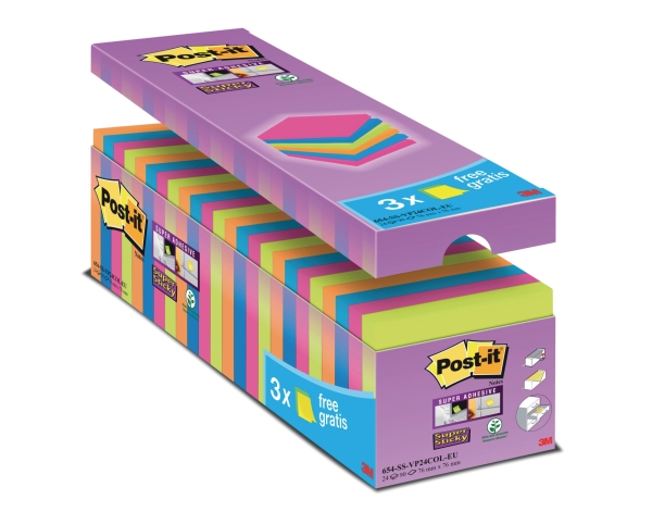 Post-it Value Pack notes Super Sticky 76x76mm couleurs vives - paquet de 24