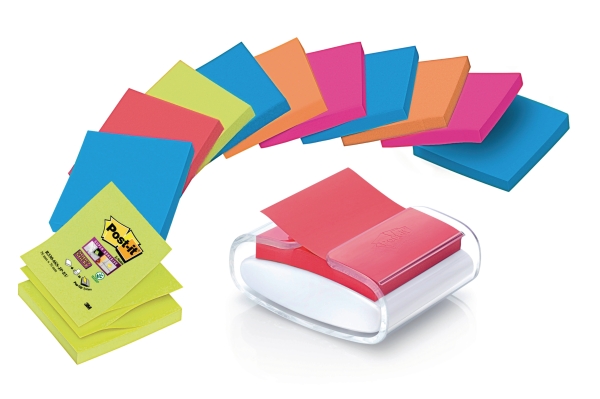 Post-it Dévidoir Pro blanc et 12 blocs de Super Sticky Z-Notes 76x76 mm néon