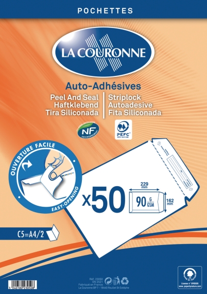 La Couronne bags peel and seal C5 162 x 229 90g white - pack of 50