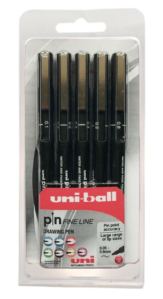 Uni Pin 200 drawing pen assorted line widths - pack of 5