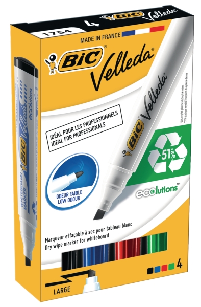 Bic Velleda 1754/51 non-permanent marker chisel tip assorted colours - box of 4