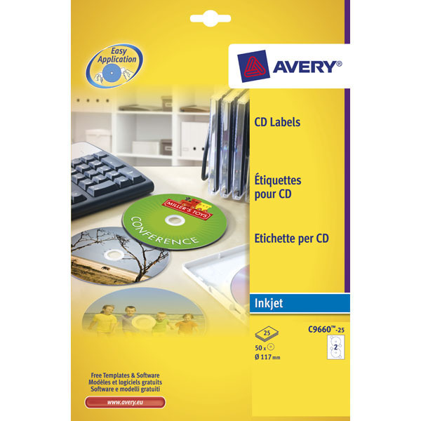 Avery C9660 étiquettes jet d'encre CD brillantes - boîte de 50