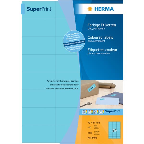 Herma 4408 étiquettes colorées 70x37mm bleu - boîte de 2400