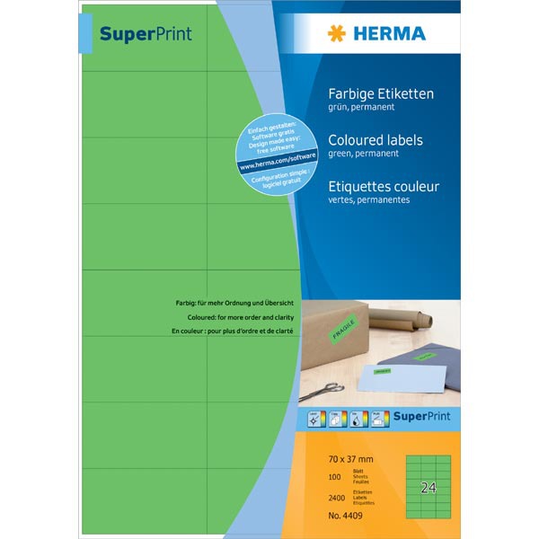 Herma 4409 étiquettes colorées 70x37mm vert - boîte de 2400