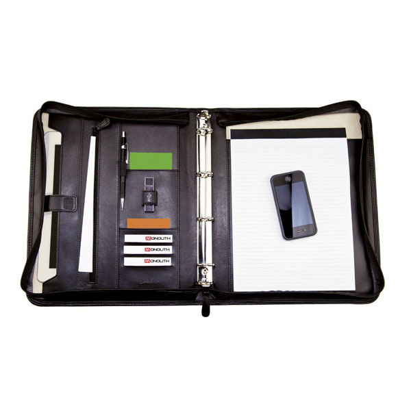 Monolith 2924 conference folder leather with zip and ring binder black