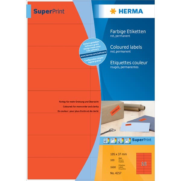 Herma 4257 coloured labels 105x37mm red - box of 1600