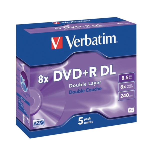 Verbatim DVD+R 8.5GB 1-8x snelheid dubbele laag (DL) jewel case - pak van 5