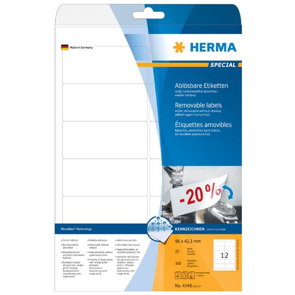 Herma 4348 herpositioneerbare etiketten 96x42,3mm - doos van 300