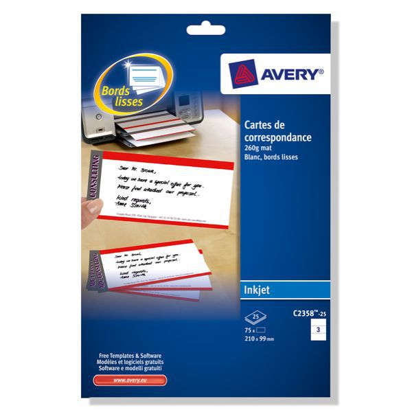 Carte de correspondance Avery Quick&Clean - C2358-25 - jet d'encre - boîte de 75