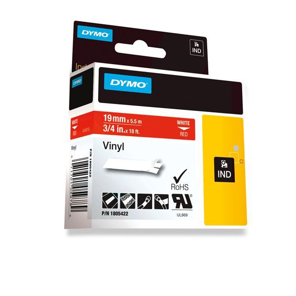 RUBAN DYMO RHINO VINYL 19MM X 5,5M BLANC/ROUGE POUR TITREUSE SPECIALISEE