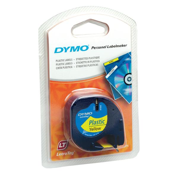 Dymo Letratag Plastic Labels, 12 mm X 4 M Roll, Black Print On Yellow, Plastic