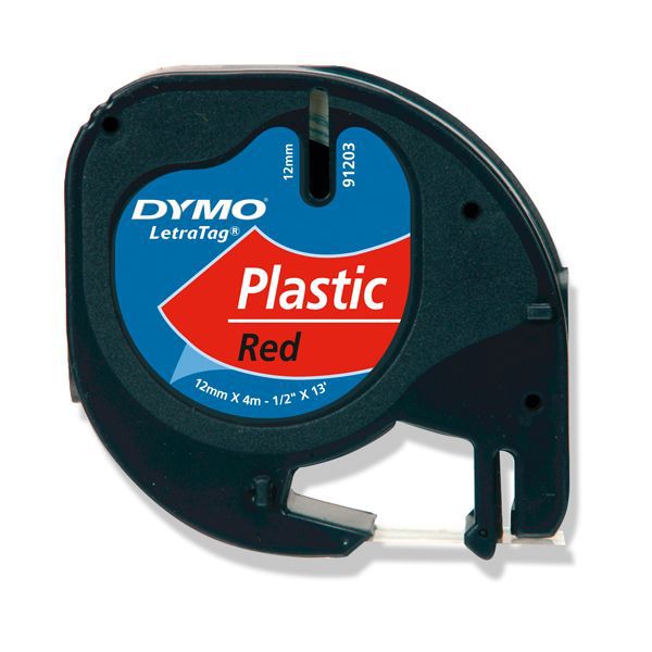 Ruban Dymo Letratag - plastique - 12 mm - noir sur rouge
