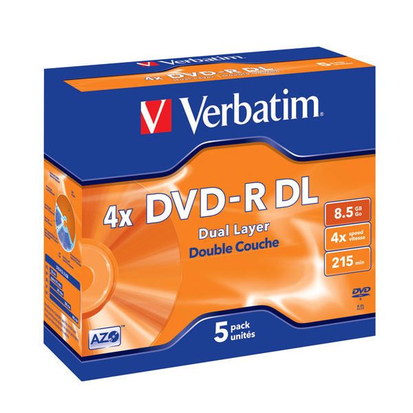 Pack de 5 DVD-R VERBATIM 8,5 Gb Doble capa estuche Jewel.