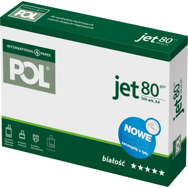 Papier POL Jet A4, 80 g/m², w opakowaniu 5 ryz po 500 arkuszy