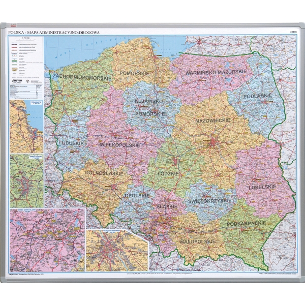 Administracyjno-drogowa mapa Polski 2x3, magnetyczna w ramie aluminiowej