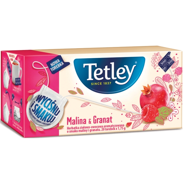 Herbata owocowa TETLEY Fruit & Herbal malina i granat, 20 torebek