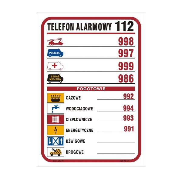 Tablica z telefonami alarmowymi