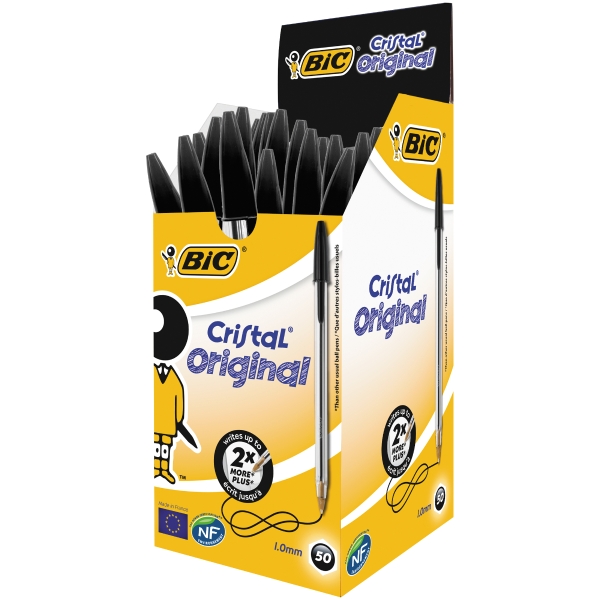 BIC CRISTAL BALL POINT BLACK PENS 0.7MM LINE WIDTH - BOX OF 50