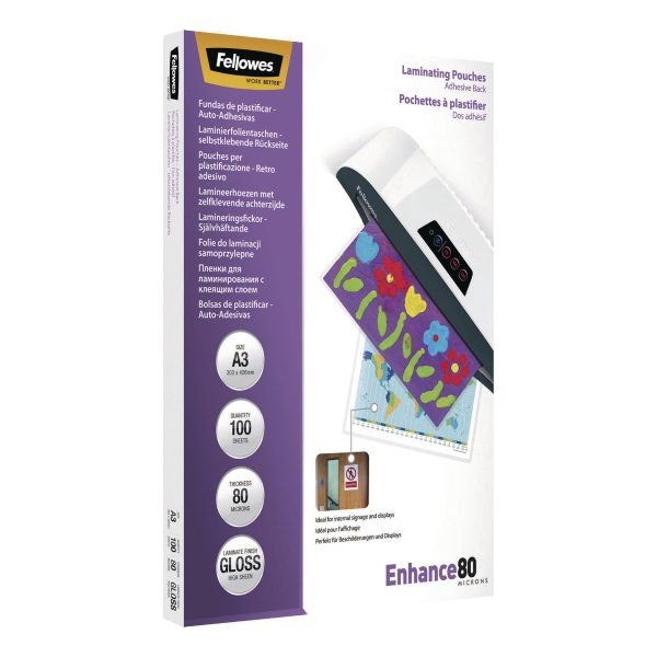 FELLOWES LAMINATING POUCHES ADHESIVE 80MIX2 A3 - BOX OF 100