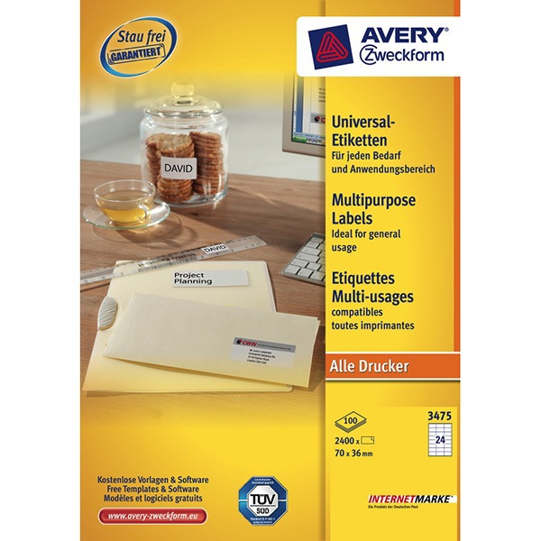 Universal-Etiketten Avery Zweckform 3475 70x36mm weiß 100 Blatt/2.400 Stück