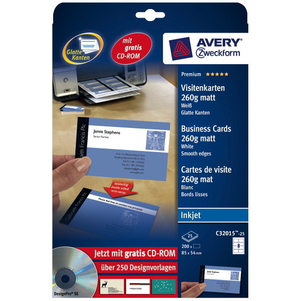 Premium Visitenkarten Avery Zweckform C32015-25, 85x54mm, 260g, satiniert, 200St