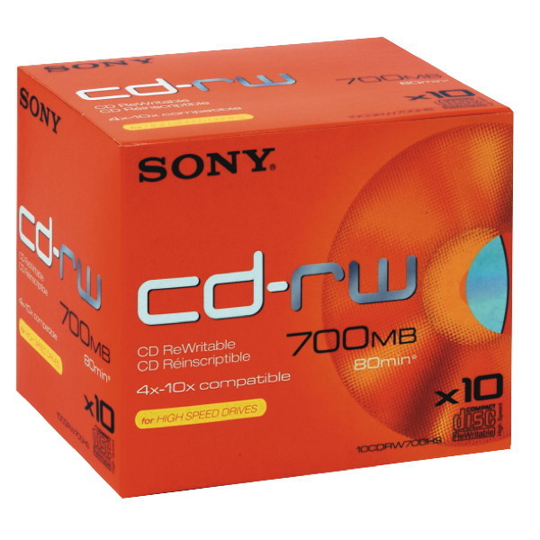 CD-RW Rewritable Sony 700MB/80 Min., 4-12x Speed, Jewel Case, Pk. à 10 Stk.