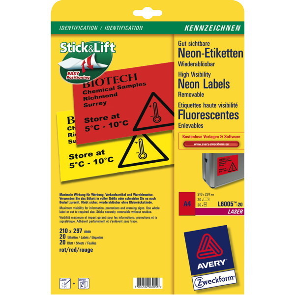 Etiketten Avery Zweckform L6005-25 210x297mm neonrot 25 Blatt/25 Stück