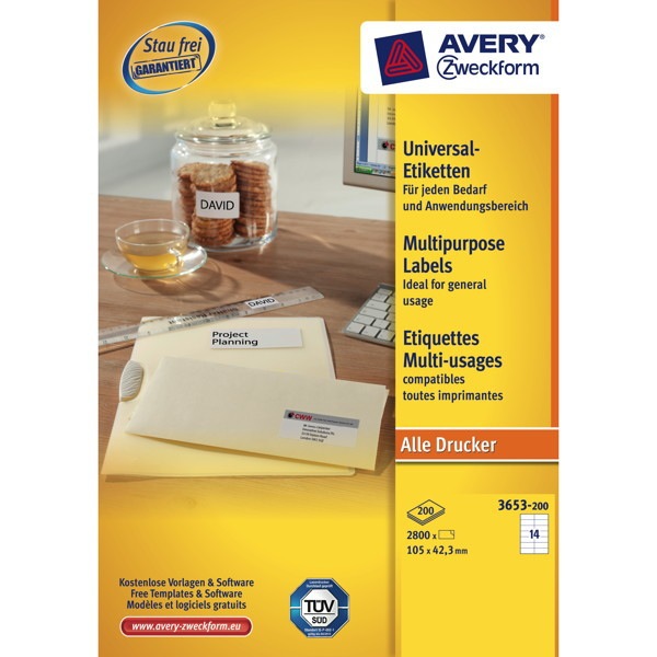 Universal-Etiketten Avery Zweckform 3653-200 105x42,3mm weiß 220 Bl/3.080 Stück