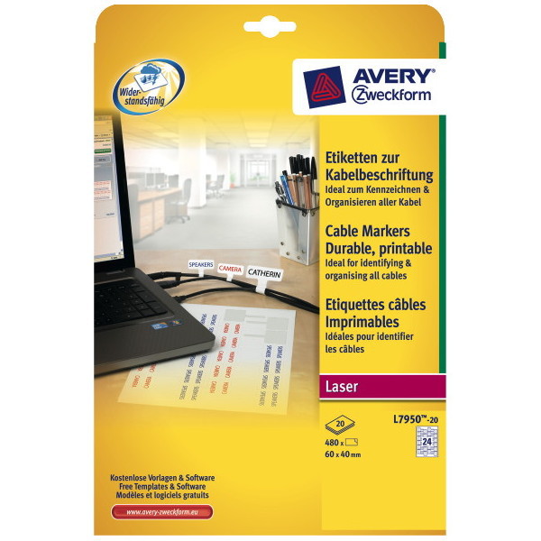 Kabeletiketten Avery Zweckform L7950-20, 45 x 40mm, weiß, 480 Stück