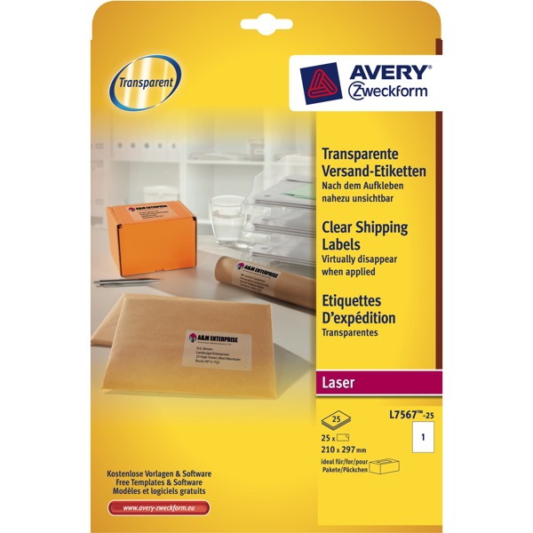 Versandetiketten Avery Zweckform L7567-25 210x297mm transparent 25 Blatt/25Stück