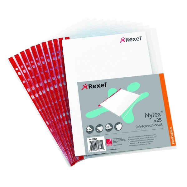 Rexel Nyrex Reinforced 90 Micron A4 Side Opening Punched Pocket Red Strip Pk 25