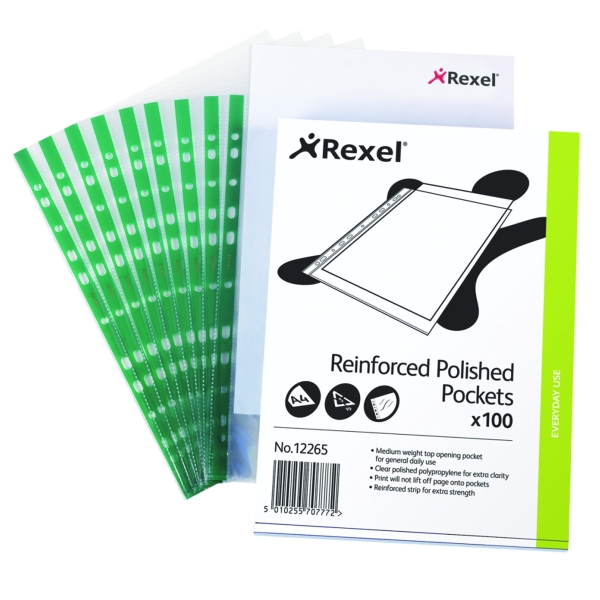 Rexel Reinforced 80 Micron A4 Top Opening Punched Pocket Green Strip Pk 100