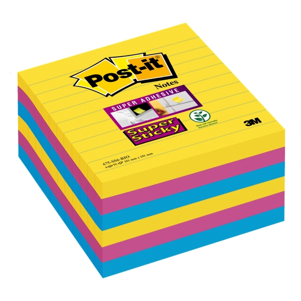 Post-It Super Sticky Notes Lined 101x101mm Rio Asst - Pack Of 6