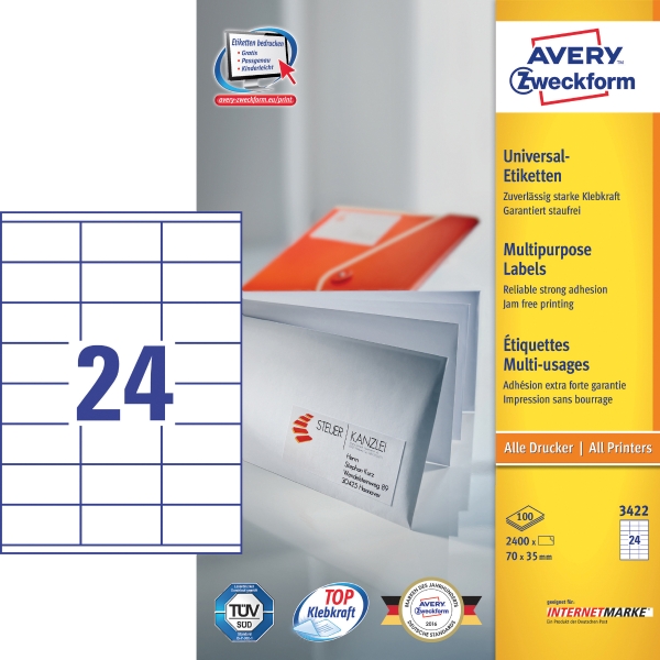 Avery 3422 multipurpose labels 70x35mm - box of 2400