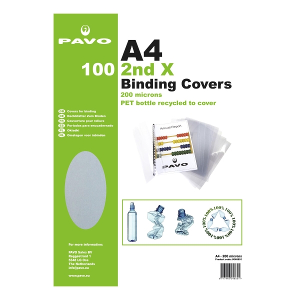 PAVO RECYCLED COVERS A4 PET TRANSPARENT PACK OF 100