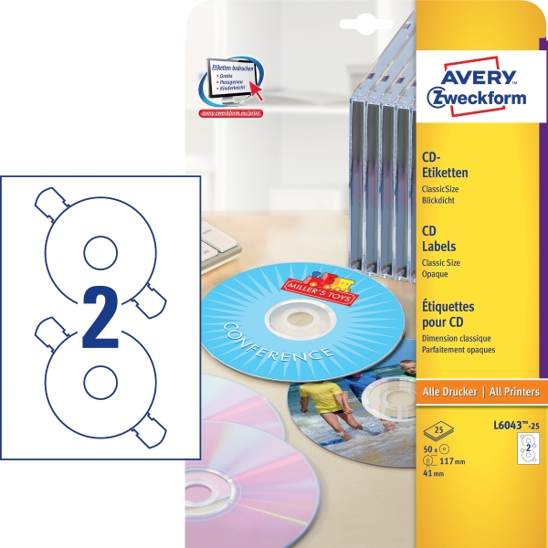 Etikety na CD Avery Zweckform, L6043-25, klasické, matné, 50 kusů