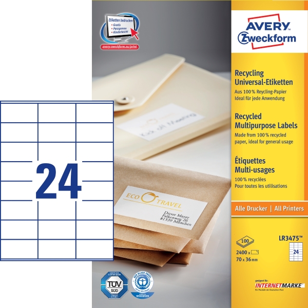 Recyklované univerzální etikety Avery Zweckform, 70 x 36 mm, 2400 etiket