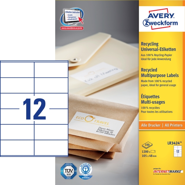 Recyklované univerzální etikety Avery Zweckform, 105 x 48 mm, 1200 etiket