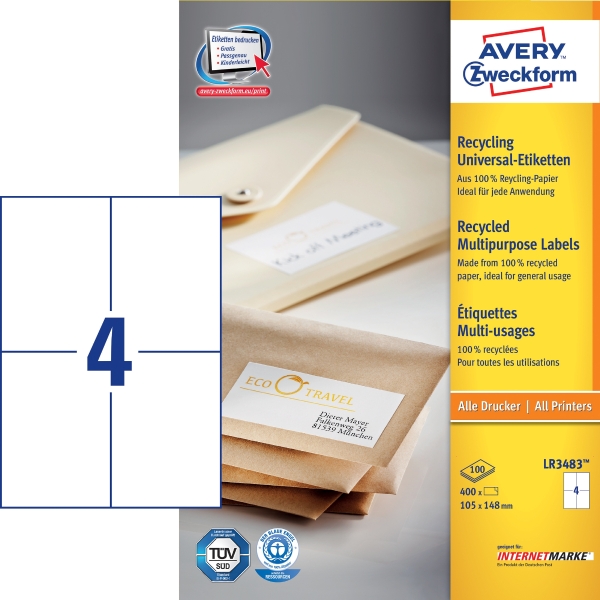 Recyklované univerzální etikety Avery Zweckform, 105 x 148 mm, 400 etiket