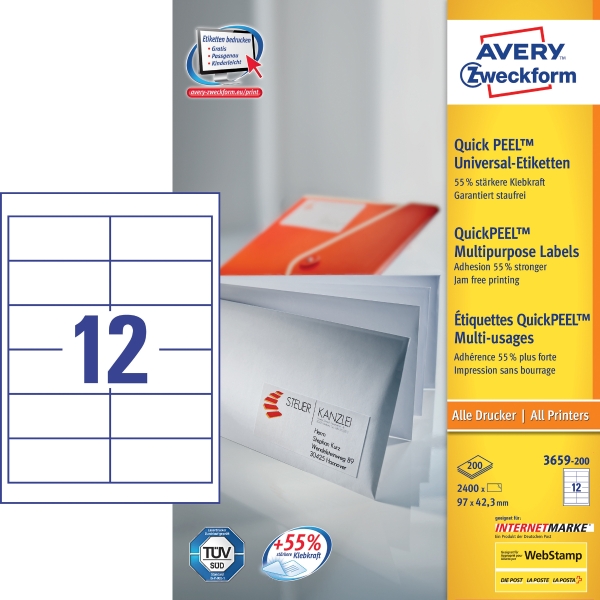 Univerzální etikety Avery Zweckform, 97 x 42,3mm, model 3659-200, 2400 kusů