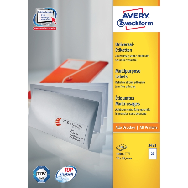 Avery Zweckform Universaletiketten, 70 x 25,4 mm, 33 Etiketten per Blatt